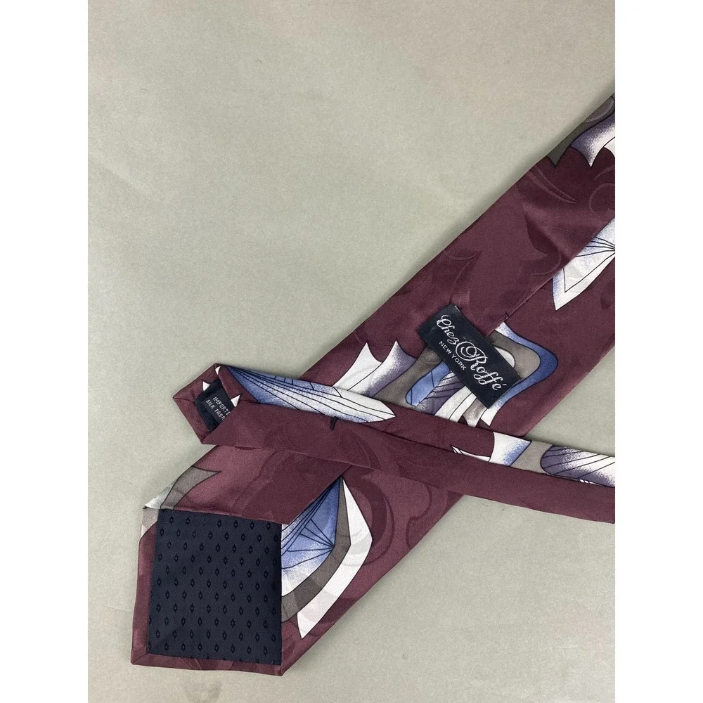 Chez Roffe Mens Tie Burgundy Geometric Silk Retro Abstract Art Deco Artsy 57x4